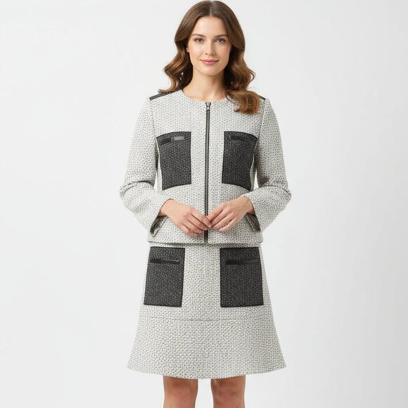 Ann Taylor Gray Gray Woven Collarless Parchwork Jacket & Skirt Set NEW - Picture 1 of 13